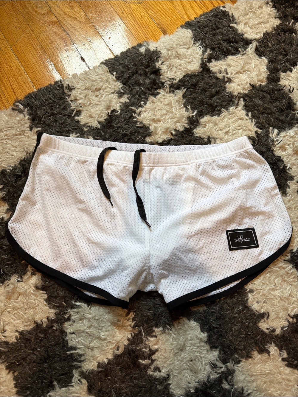 Men’s White Mesh Athletic Shorts with Black Trim w. built in jockstrap
